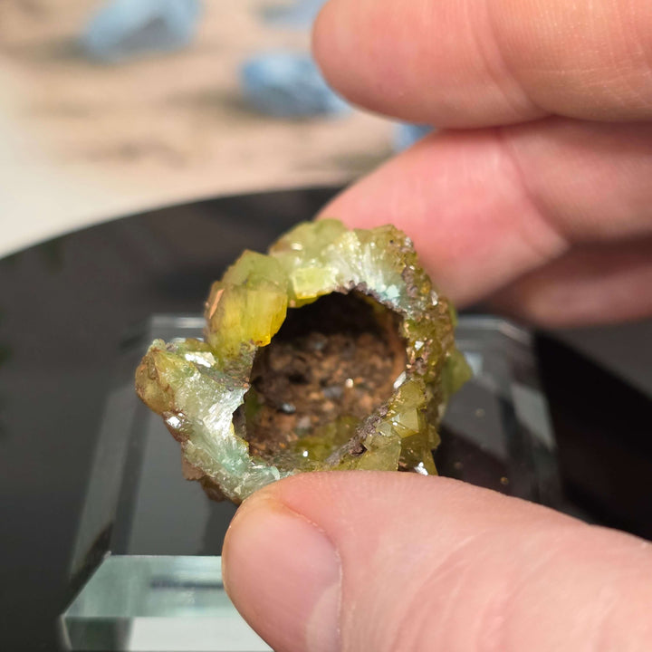 Vibrant Adamite Specimen from Ojuéla Mine exhibiting glowing green crystal formations.