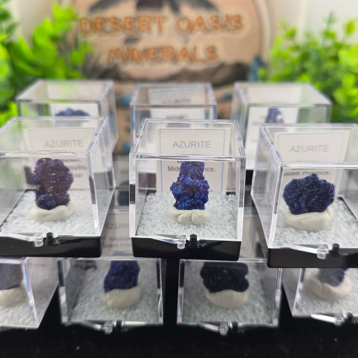We're thrilled to offer a new selection of Azurite specimens, each mounted within an acrylic "Perky" display box for optimal protection and viewing. These exceptional pieces originate from the renowned Mibladen mining district in Morocco, an area well-kno