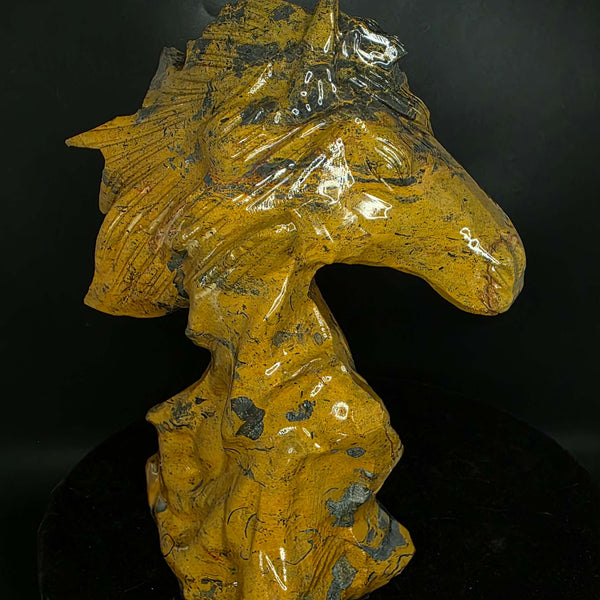 Mountain Jasper horse carving, 7 inches tall, showcasing rich browns and black patterns in stone, elegant design.