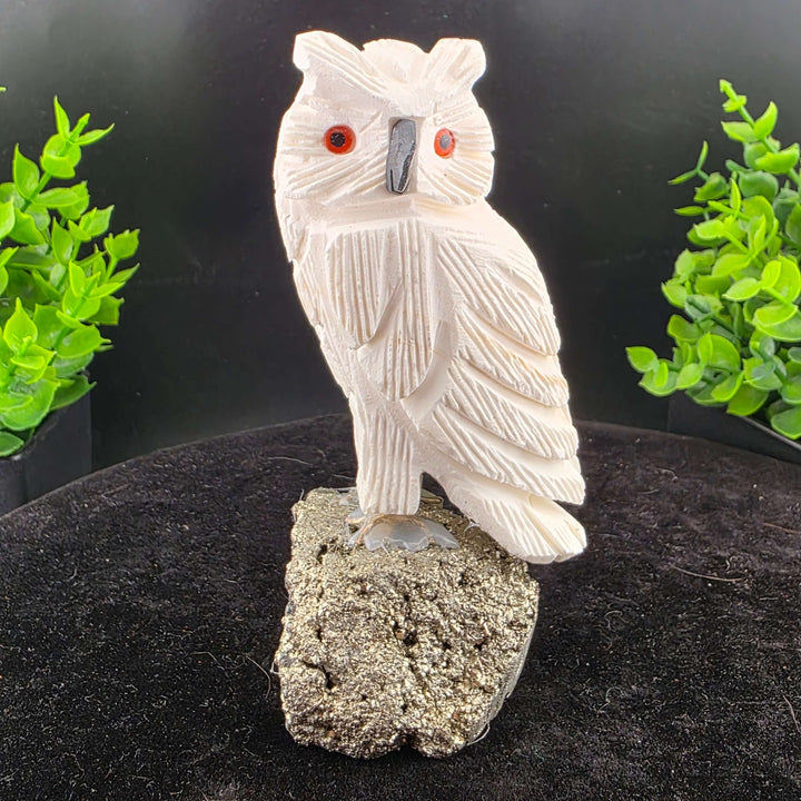 Owl Carving on Pyrite cluster