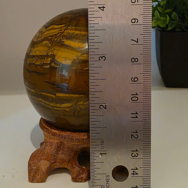 Tiger Iron Polished Sphere Ball - 3.2 Inch displayed on a wooden stand with decorative plants in the background.