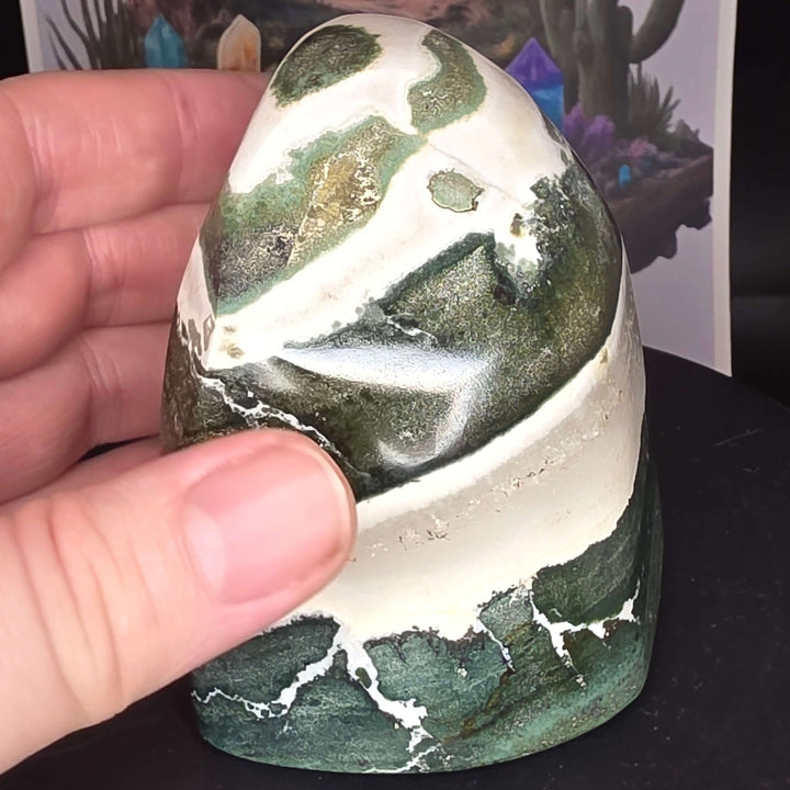 Polished Green Zebra Jasper freeform stone in hand, showcasing natural green, gray, and white patterns.