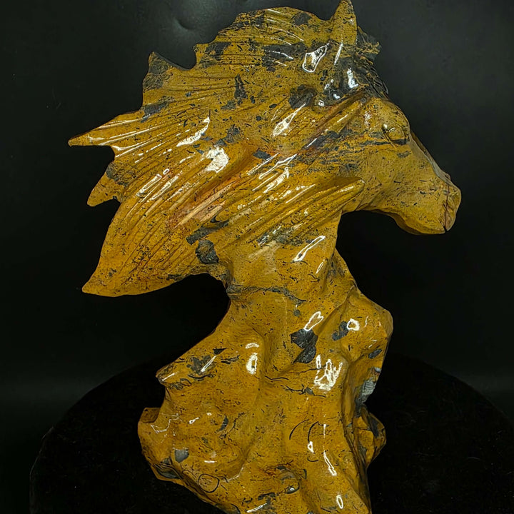 Mountain Jasper horse carving, 7 inches tall, showcasing rich browns and black patterns in stone, elegant design.