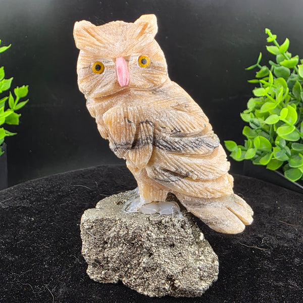 Owl Carving on Pyrite cluster