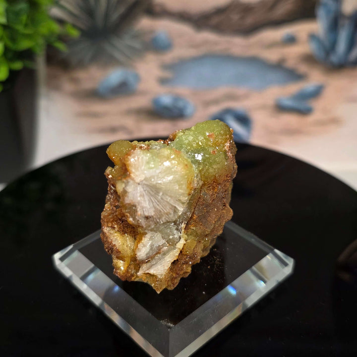 Vibrant Adamite Specimen from Ojuéla Mine exhibiting glowing green crystal formations.