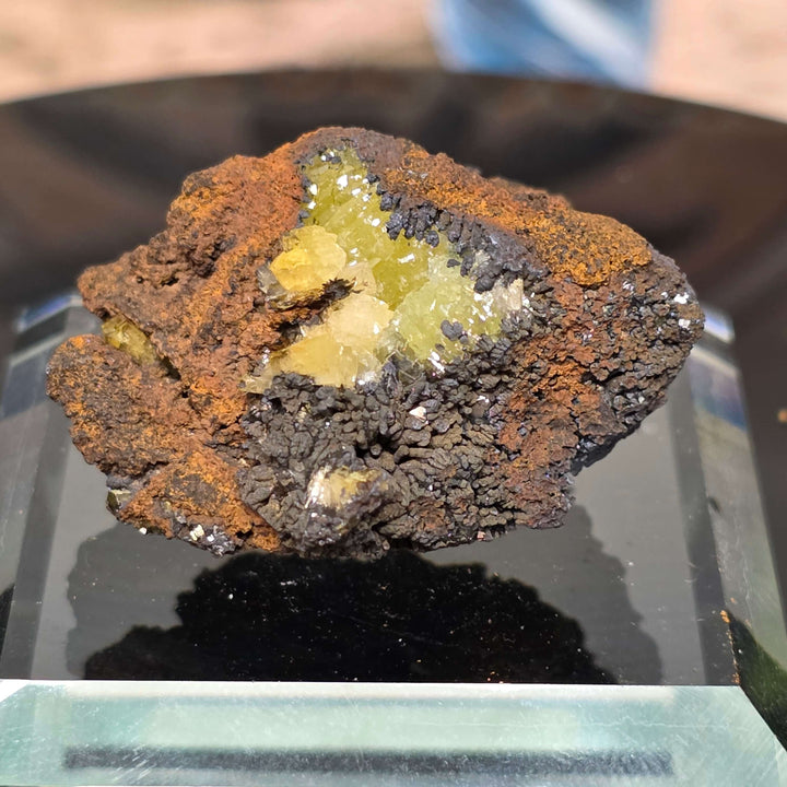 Adamite Specimen: a unique crystal from the Ojuéla Mine, featuring sharp habit and vibrant green coloration.