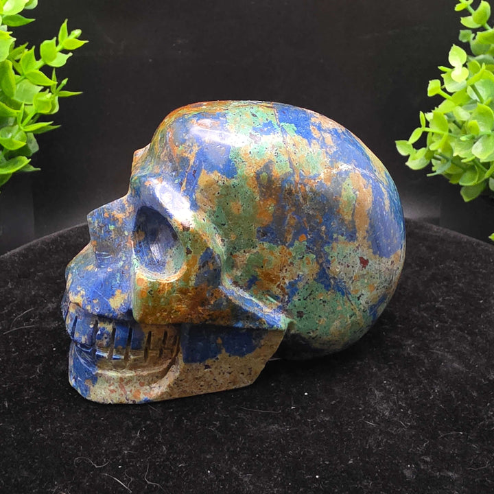 Azurite Malachite Skull Carving - 3.75in