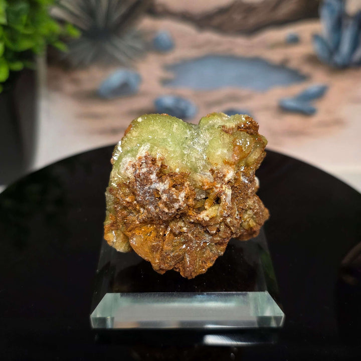 Vibrant Adamite Specimen from Ojuéla Mine exhibiting glowing green crystal formations.