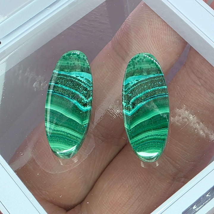 Bring the vibrant energy of nature into your home, or your next creative project, with our stunning Malachite Cabochon Pairs. Each pair features beautifully polished malachite, showcasing its unique swirling patterns, elegantly presented in a crisp white