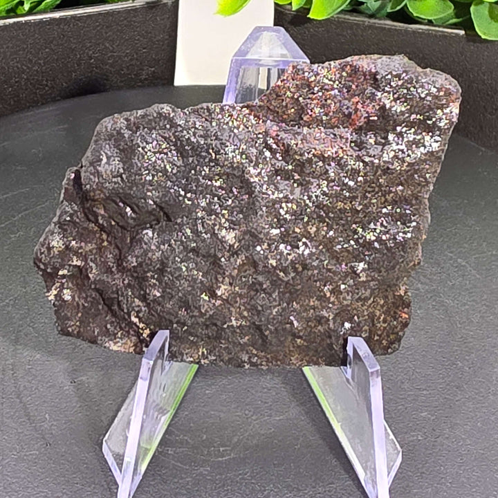 Andamooka Matrix Opal Slab Slice - 125 Carat displayed on a stand showcasing its natural color and texture.