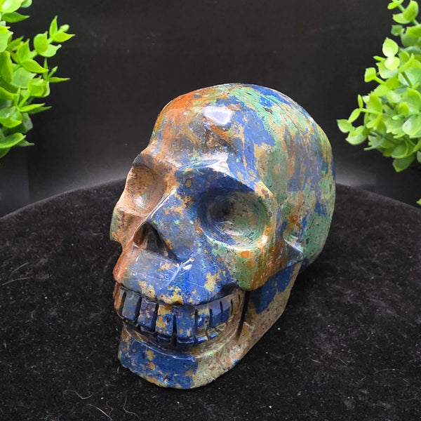 Azurite Malachite Skull Carving - 3.75in