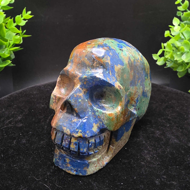 Azurite Malachite Skull Carving - 3.75in