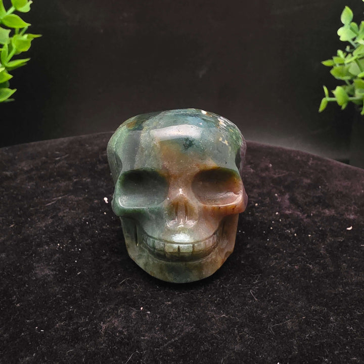  Orbicular Jasper Skull Carving - 2.25 Inch showcasing unique colors and textures on a dark background.