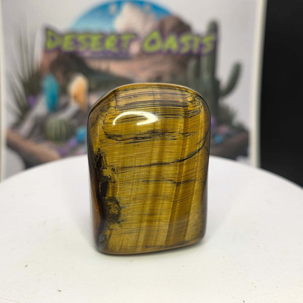 Polished Tiger's Eye freeform showcasing golden chatoyancy and smooth finish on display.