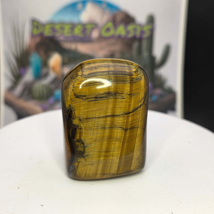 Polished Tiger's Eye freeform showcasing golden chatoyancy and smooth finish on display.