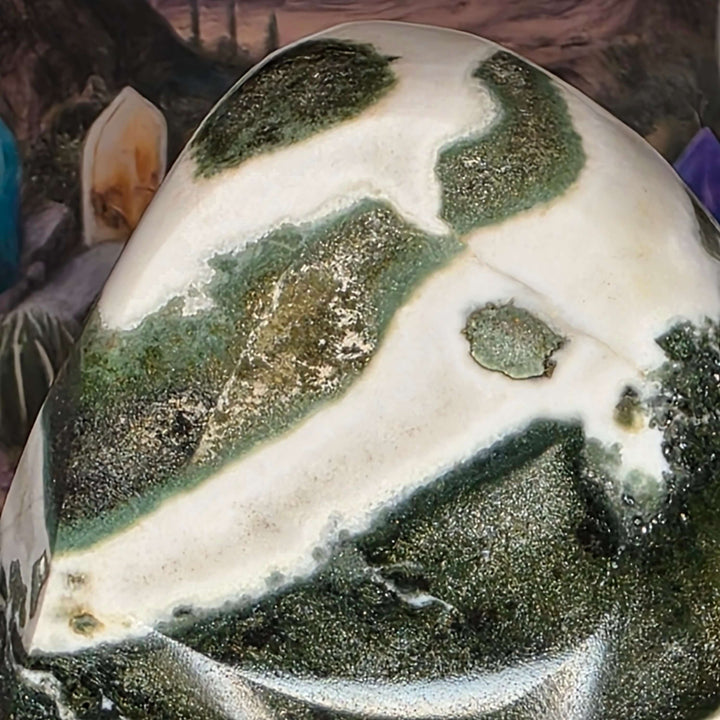 Polished Green Zebra Jasper stone showcasing green, gray, and white patterns resembling zebra stripes.