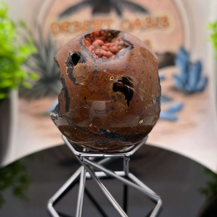 Red Fox Agate Sphere displayed in a stand, showcasing its shiny surface and unique cavities.