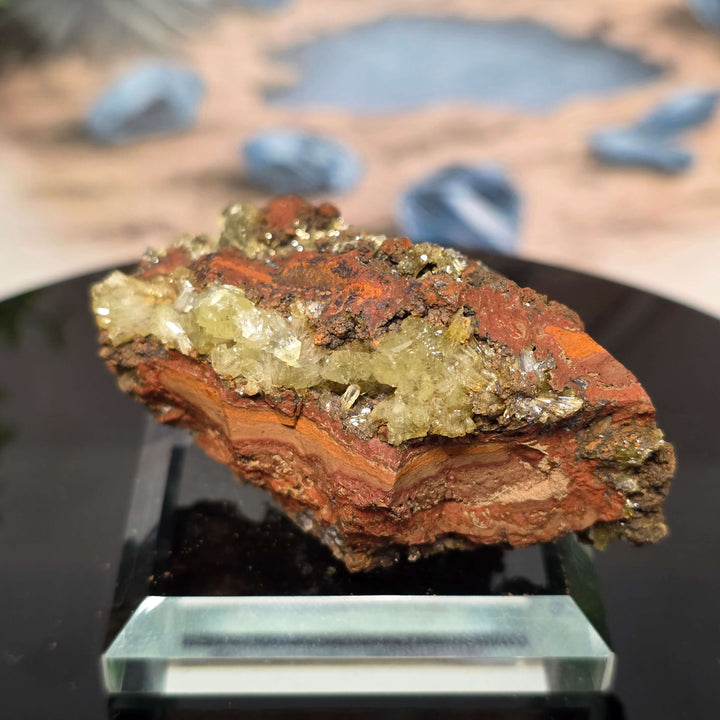 Adamite Specimen: Ojuéla Mine Collector’s Crystal showcasing sharp habit and vibrant colors on display.