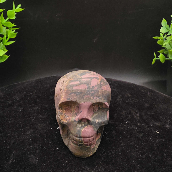 Cherry Creek Jasper skull carving - 2.5 Inch showcasing natural textures and earthy colors with unique patterns.