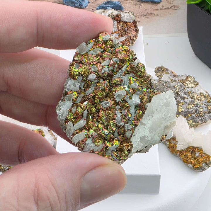 Iridescent Marcasite on Mangano Calcite