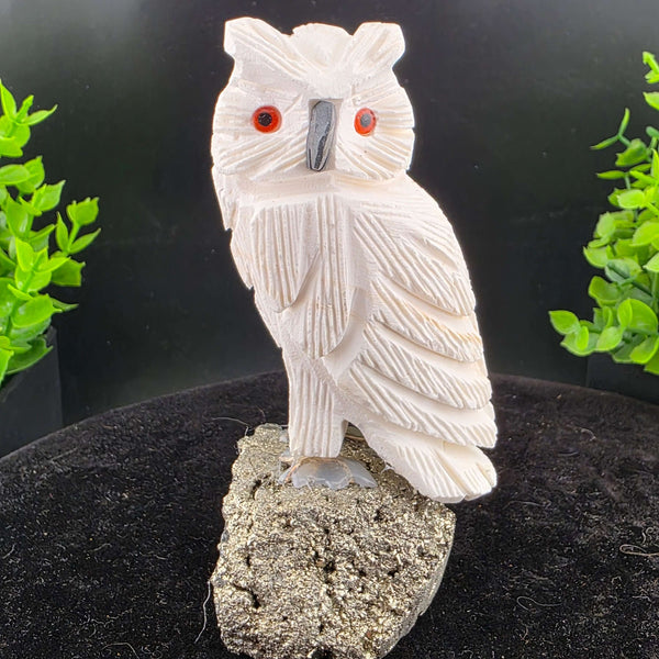 Owl Carving on Pyrite cluster