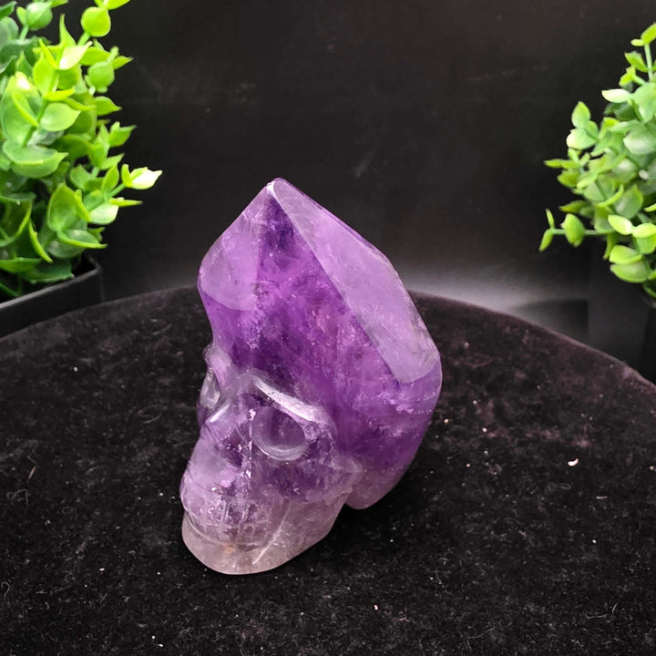 Amethyst Hand Carved Crystal Skull Wand Point Sculpture - 2.5 Inch displayed with two carved skulls and crystal points.
