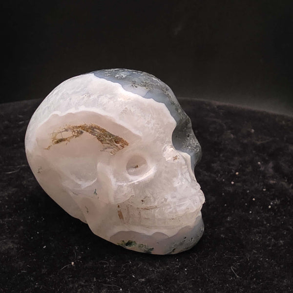 Moss Agate Skull Carving - 2 inch featuring unique blue-green inclusions and milky Quartz for a painterly appearance.