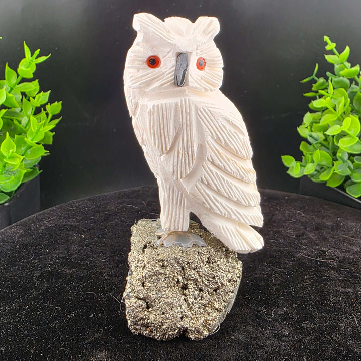 Owl Carving on Pyrite cluster