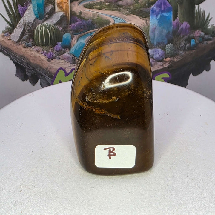Polished Tiger's Eye freeform with golden chatoyancy, showcasing its striking shimmer and unique shape.