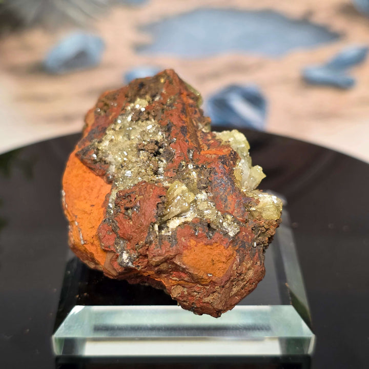 Adamite Specimen: Ojuéla Mine Collector’s Crystal showcasing sharp habit and vibrant colors on display.