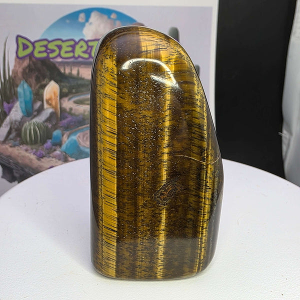 Polished Tiger's Eye freeform stone showcasing golden chatoyancy and smooth surface on display.