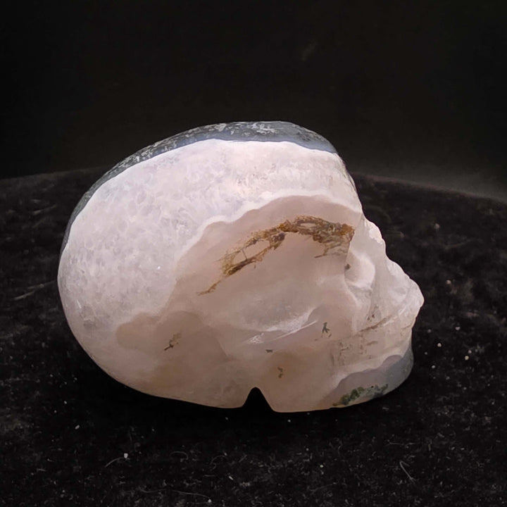 Moss Agate Skull Carving - 2 inch featuring unique blue-green inclusions and milky Quartz for a painterly appearance.