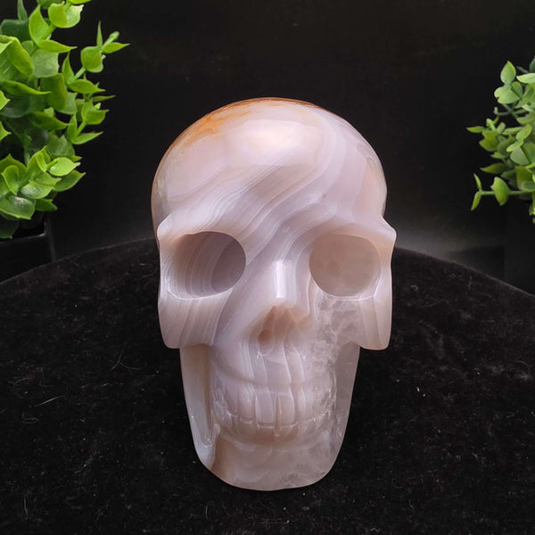 White Banded Agate Skull Carving - 3.5 Inch, hand-carved with distinct geological patterns and unique natural bands.