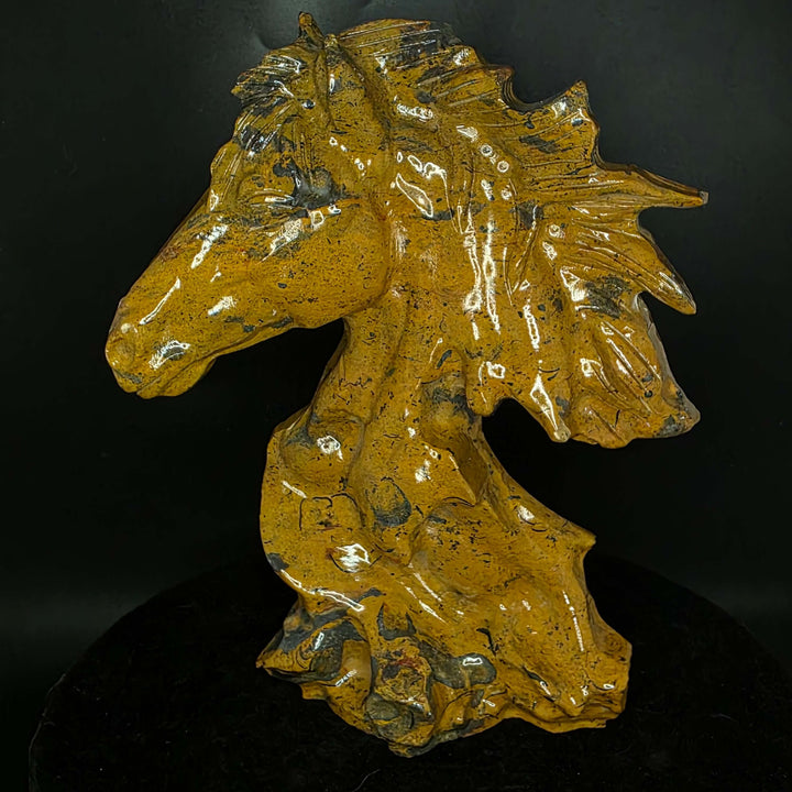 Mountain Jasper horse carving, 7 inches tall, showcasing rich browns and black patterns in stone, elegant design.
