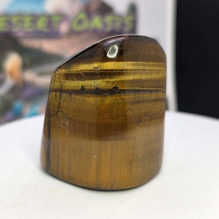 Polished Tiger's Eye freeform with golden chatoyancy, showcasing smooth texture and shimmering patterns.