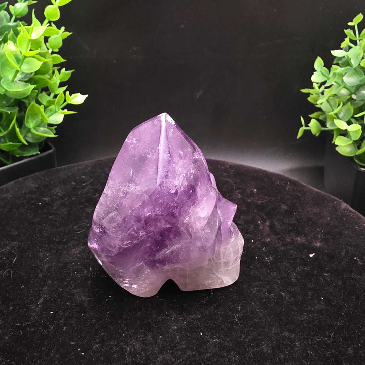Amethyst Hand Carved Crystal Skull Wand Point Sculpture - 2.5 Inch displayed with two carved skulls and crystal points.