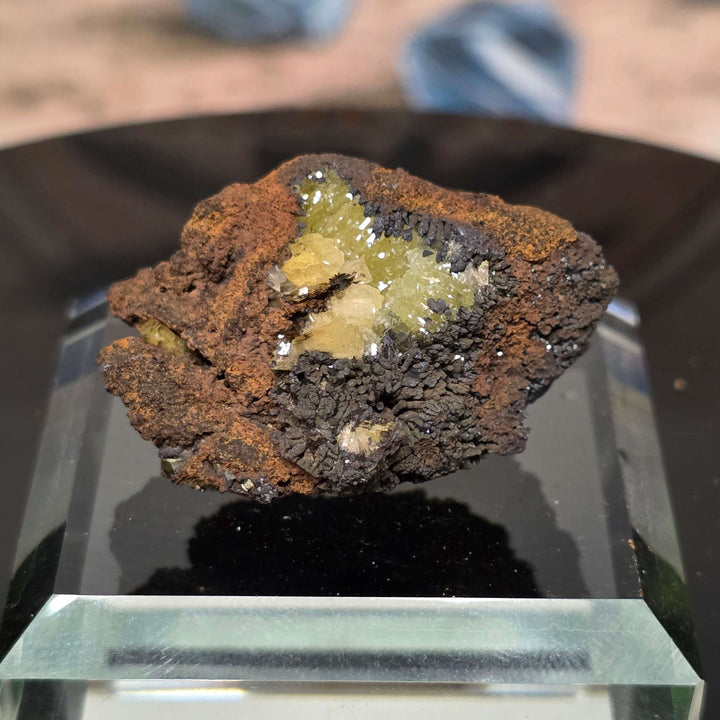 Adamite Specimen: Ojuéla Mine Collector’s Crystal featuring vibrant crystal formations on display