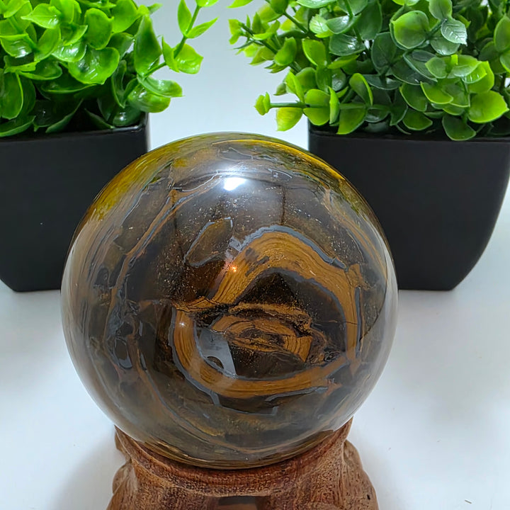 Tiger Iron Polished Sphere Ball - 3.2 Inch displayed on a wooden stand with decorative plants in the background.