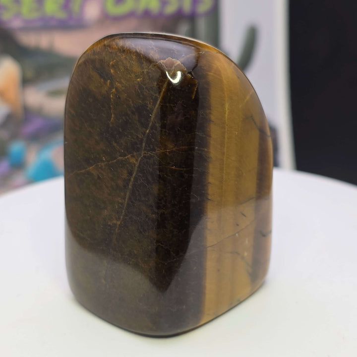 Polished Tiger's Eye freeform showcasing stunning golden chatoyancy and smooth surface, perfect for collection or decor.