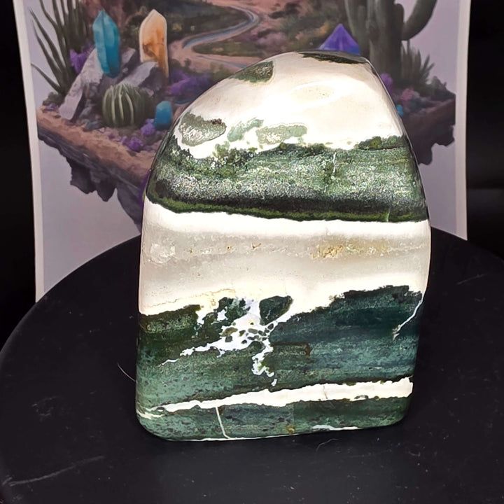 Polished Green Zebra Jasper freeform stone with natural green, gray, and white patterns on a black surface.