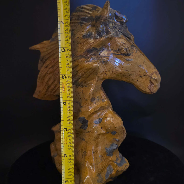 Mountain Jasper horse carving, 7 inches tall, showcasing rich browns and black patterns in stone, elegant design.