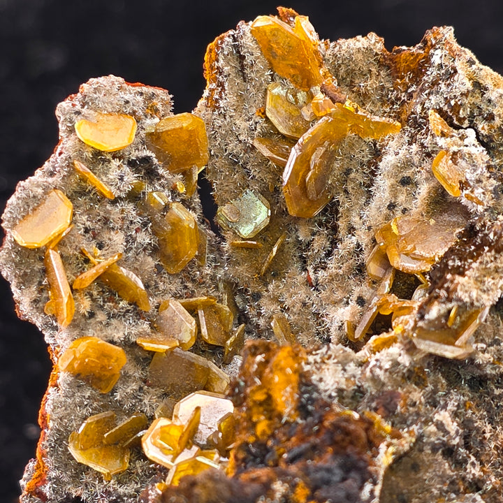 Vibrant Wulfenite crystals from the Erupción-Ahumada Mine, Mexico, showcasing golden tetragonal formations.