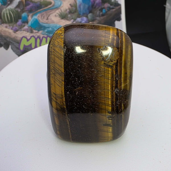 Polished Tiger's Eye freeform stone showcasing golden chatoyancy and smooth surface, perfect for decor.