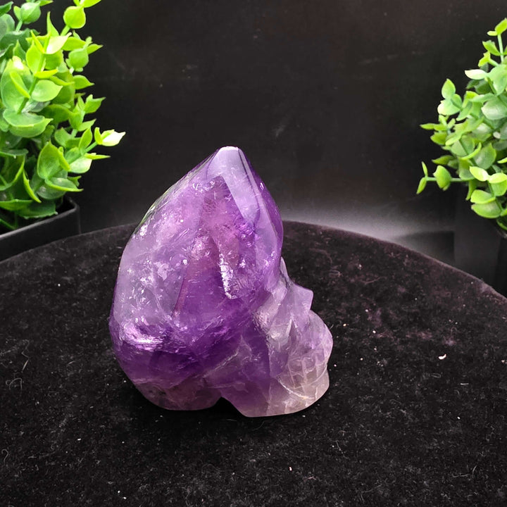Amethyst Hand Carved Crystal Skull Wand Point Sculpture - 2.5 Inch displayed with two carved skulls and crystal points.