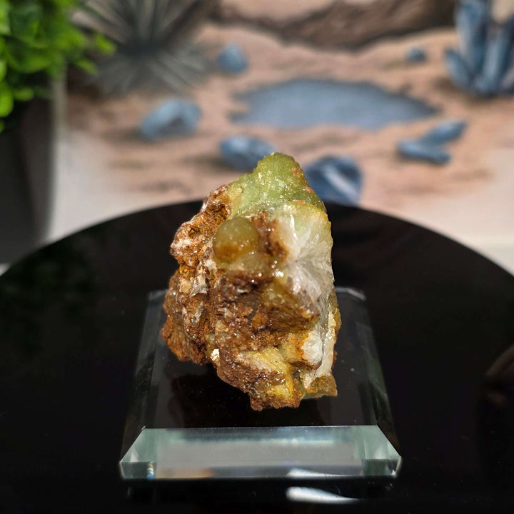 Vibrant Adamite Specimen from Ojuéla Mine exhibiting glowing green crystal formations.