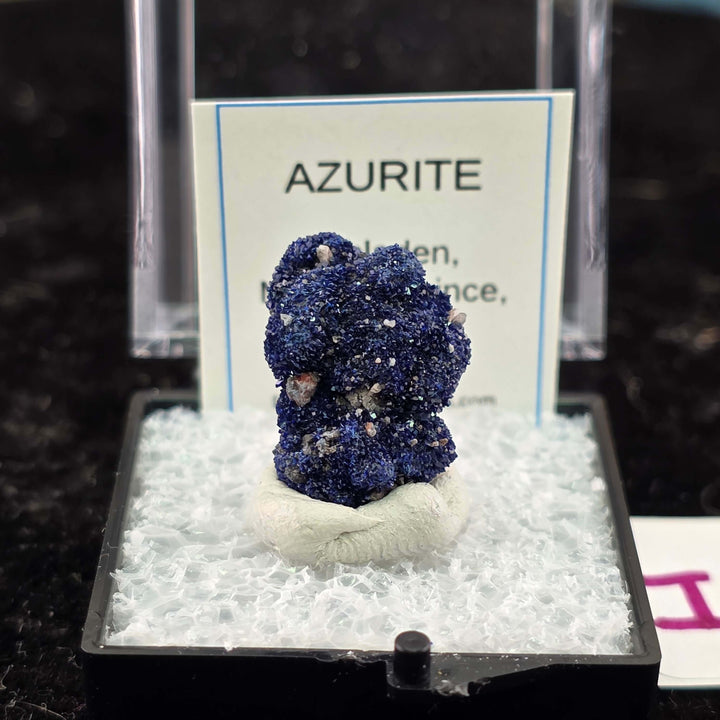 We're thrilled to offer a new selection of Azurite specimens, each mounted within an acrylic "Perky" display box for optimal protection and viewing. These exceptional pieces originate from the renowned Mibladen mining district in Morocco, an area well-kno
