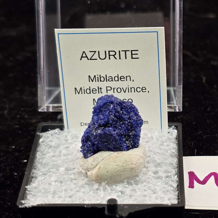 We're thrilled to offer a new selection of Azurite specimens, each mounted within an acrylic "Perky" display box for optimal protection and viewing. These exceptional pieces originate from the renowned Mibladen mining district in Morocco, an area well-kno