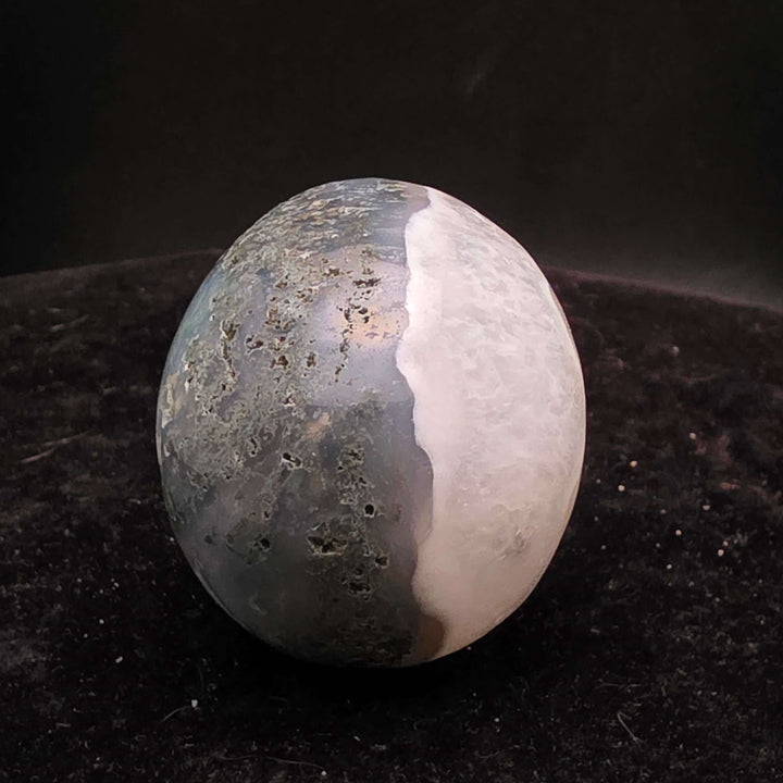 Moss Agate Skull Carving - 2 inch featuring unique blue-green inclusions and milky Quartz for a painterly appearance.