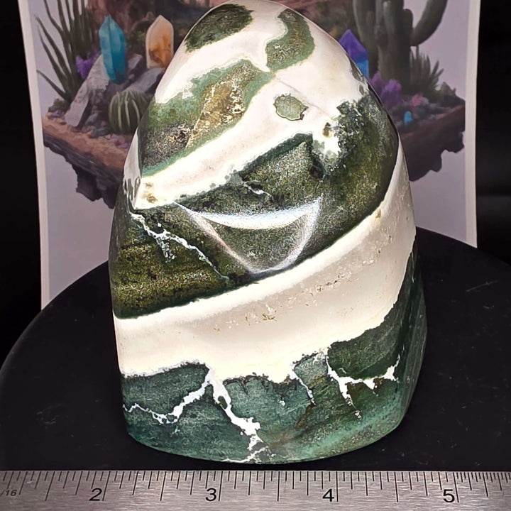 Polished Green Zebra Jasper freeform stone showcasing natural green, gray, and white patterns, smooth finish and unique design.